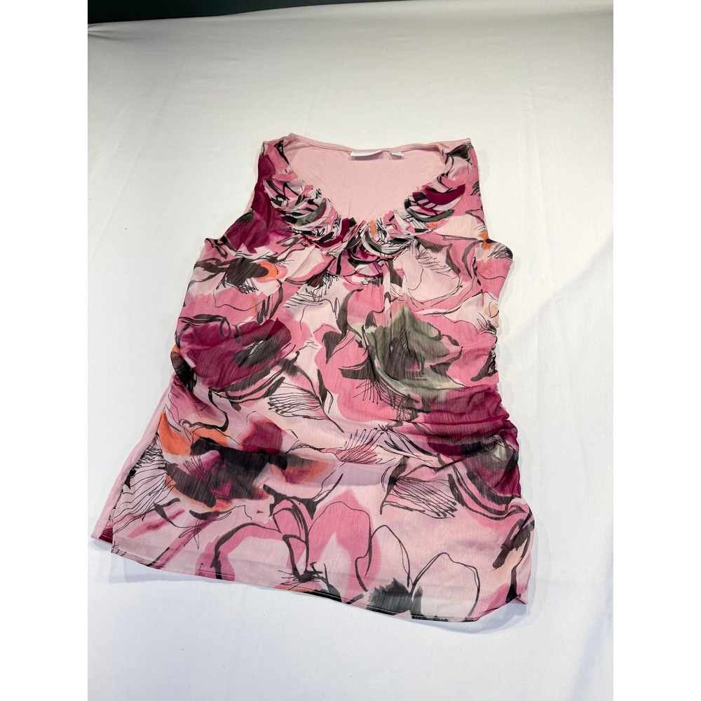 New York & Company Pink Floral Ruffle Neck Sleeveless Top Y2K Ruched Size S